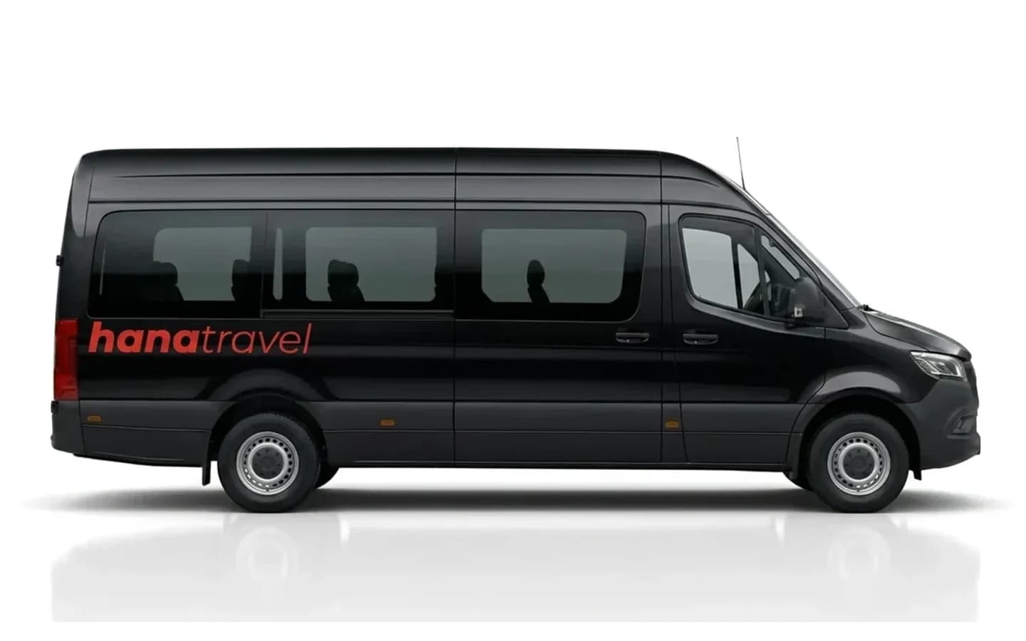 Side view of a black Mercedes-Benz Sprinter 516 on a white background for Antalya Airport transfers.