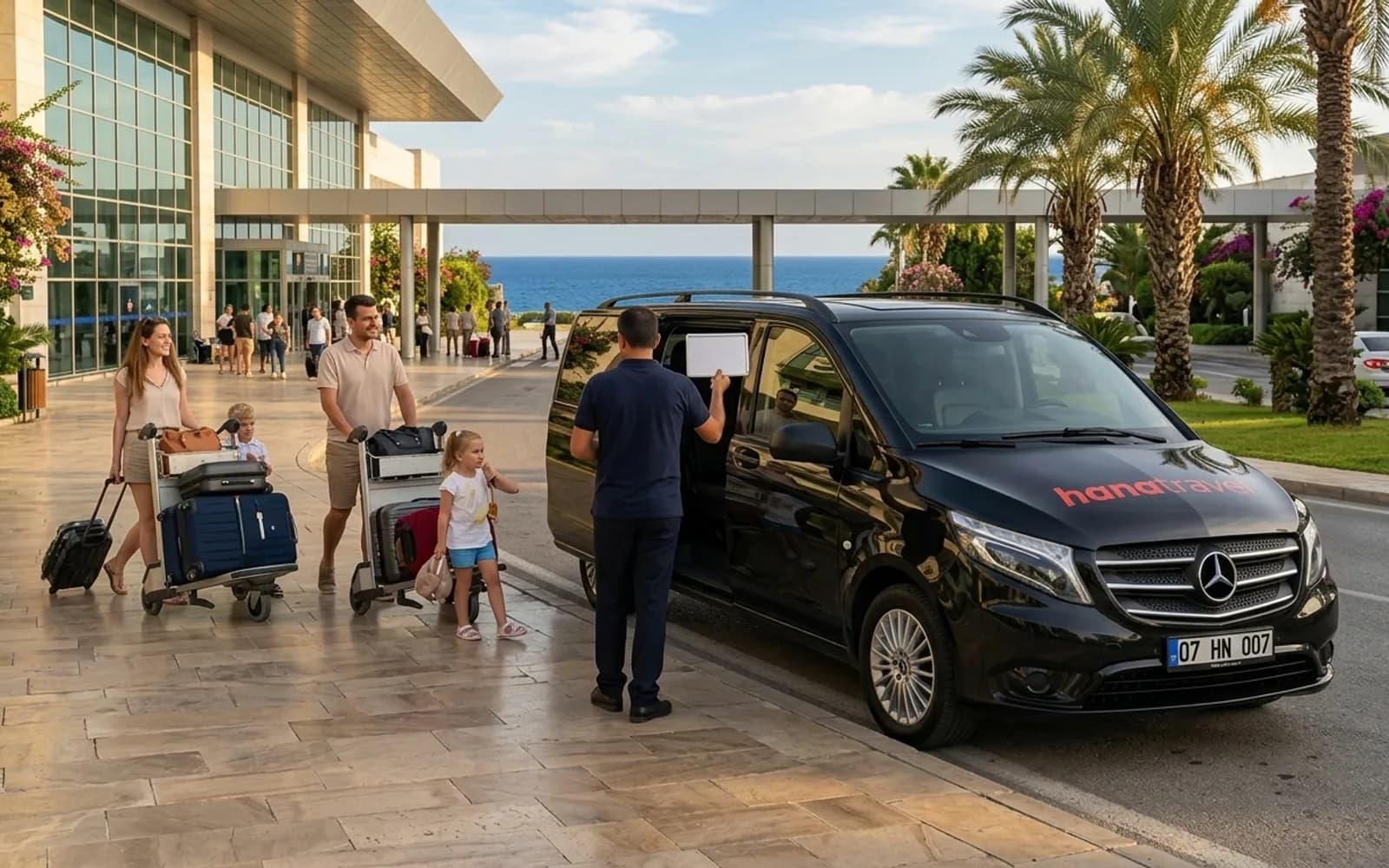 Driver with a name board greeting a family beside the black Hana Travel Vito outside Antalya Airport arrivals — Antalya airport transfer
