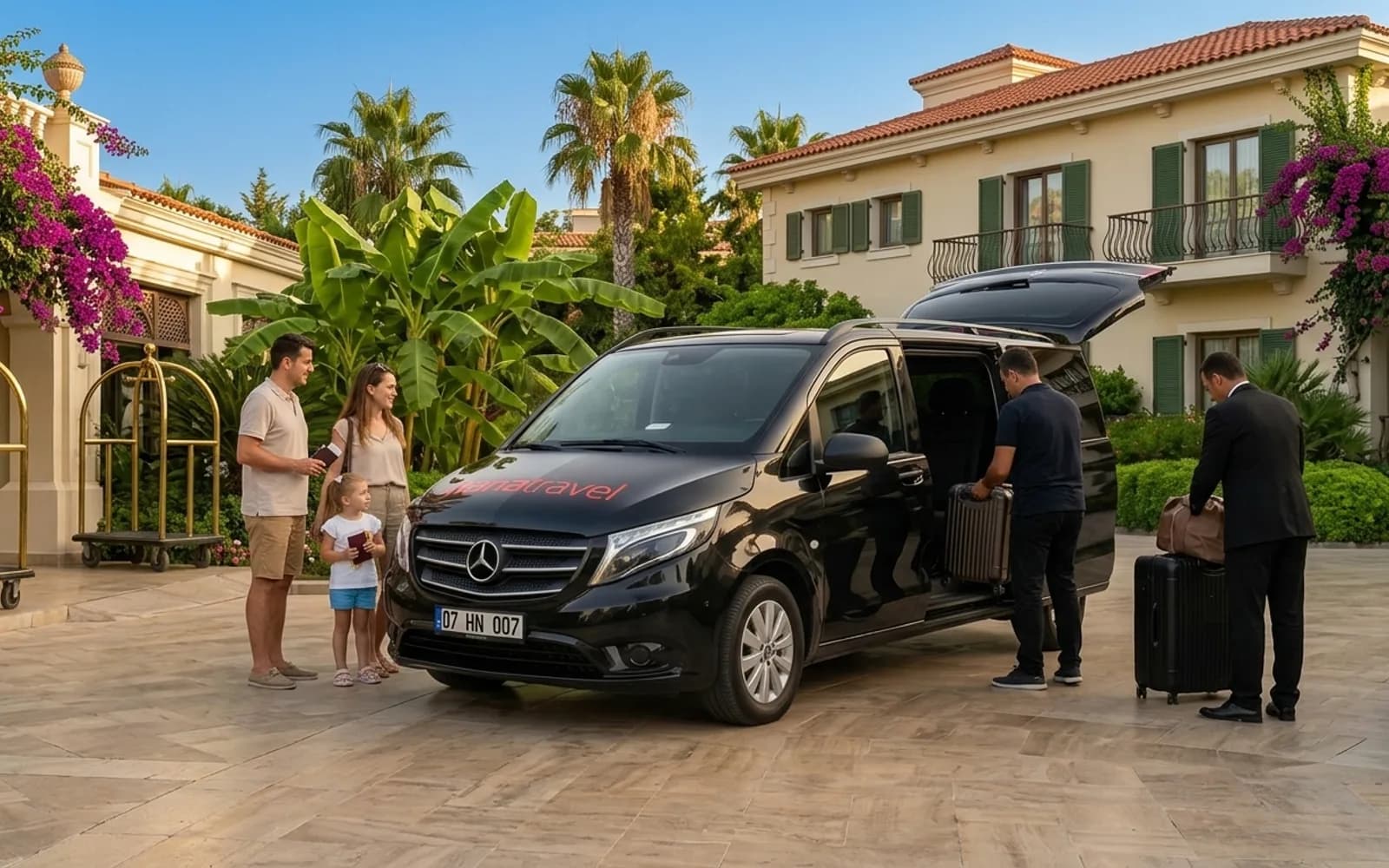 Driver loading suitcases into the black Hana Travel Vito at a hotel entrance in soft morning light, a porter bringing the last bag, before the ride to Antalya Airport — Antalya hotel transfers