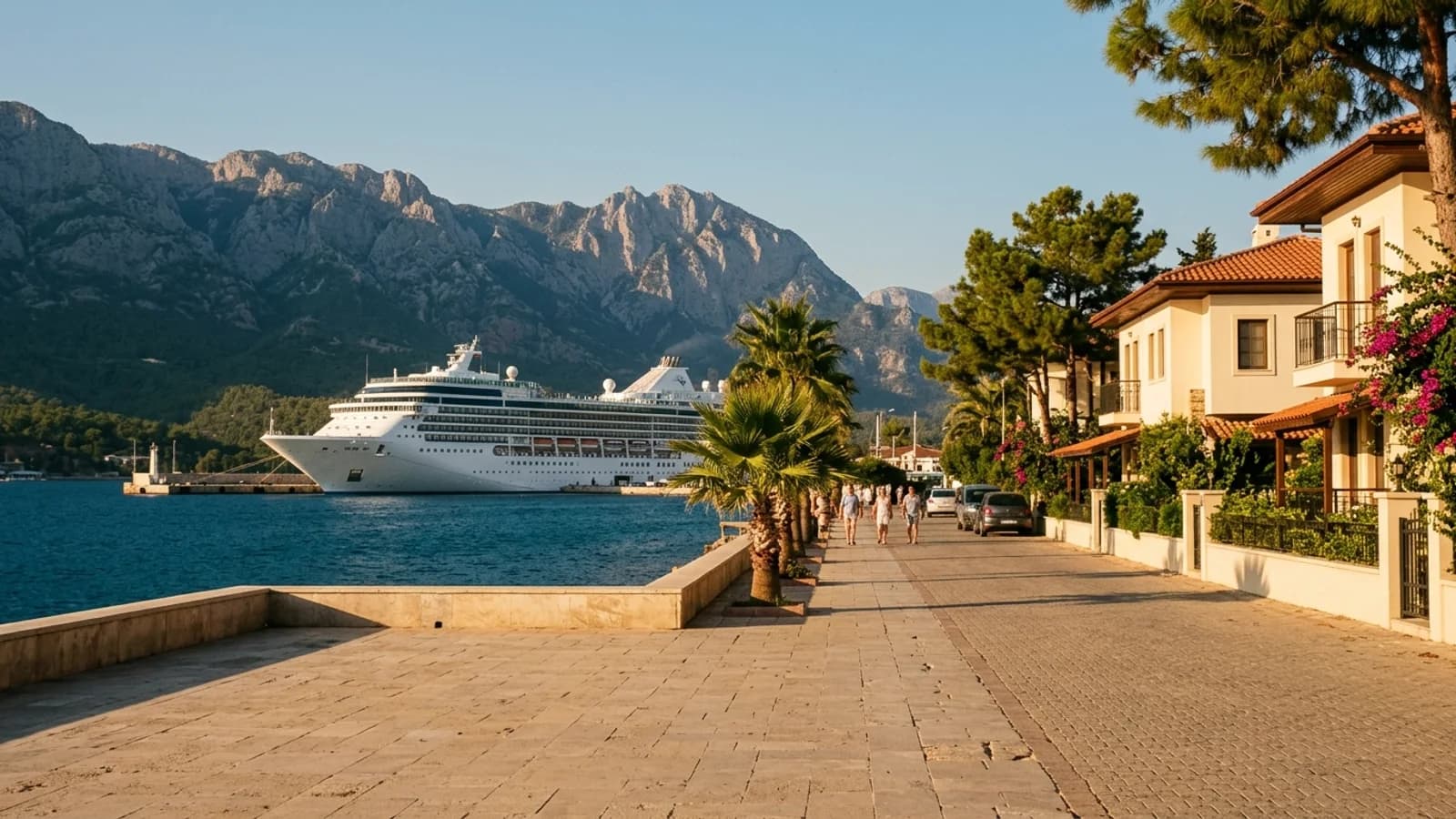 Cruise terminal at the Port of Antalya A large white cruise ship moored at Antalya port terminal with the Taurus mountains rising behind.