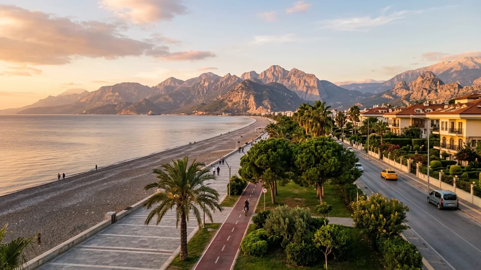 Plage de Konyaaltı et montagnes à Antalya La plage de galets de Konyaaltı borde la baie devant un parc verdoyant et des montagnes abruptes.
