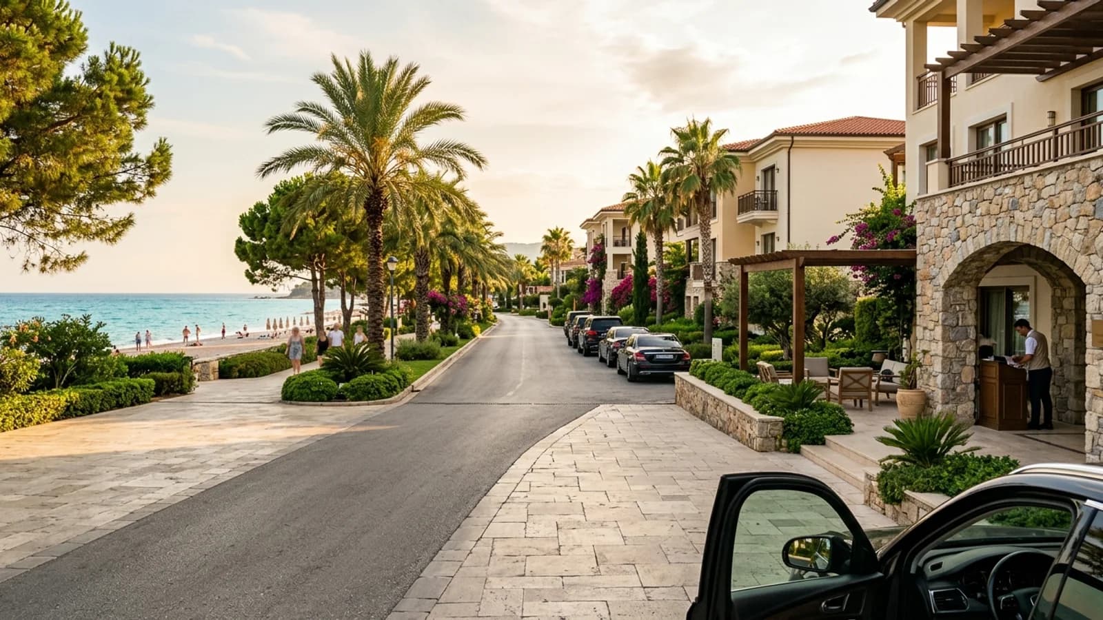 Kızılot resort village near Antalya Beach hotels line a palm-fringed road next to a narrow sandy beach in sunny Kızılot.