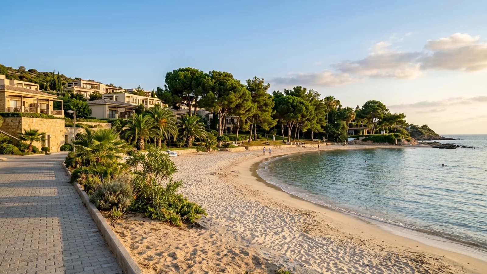 The sandy beach of İncekum A fine pale sand beach at İncekum shaded by green pine trees near the calm shallow sea.