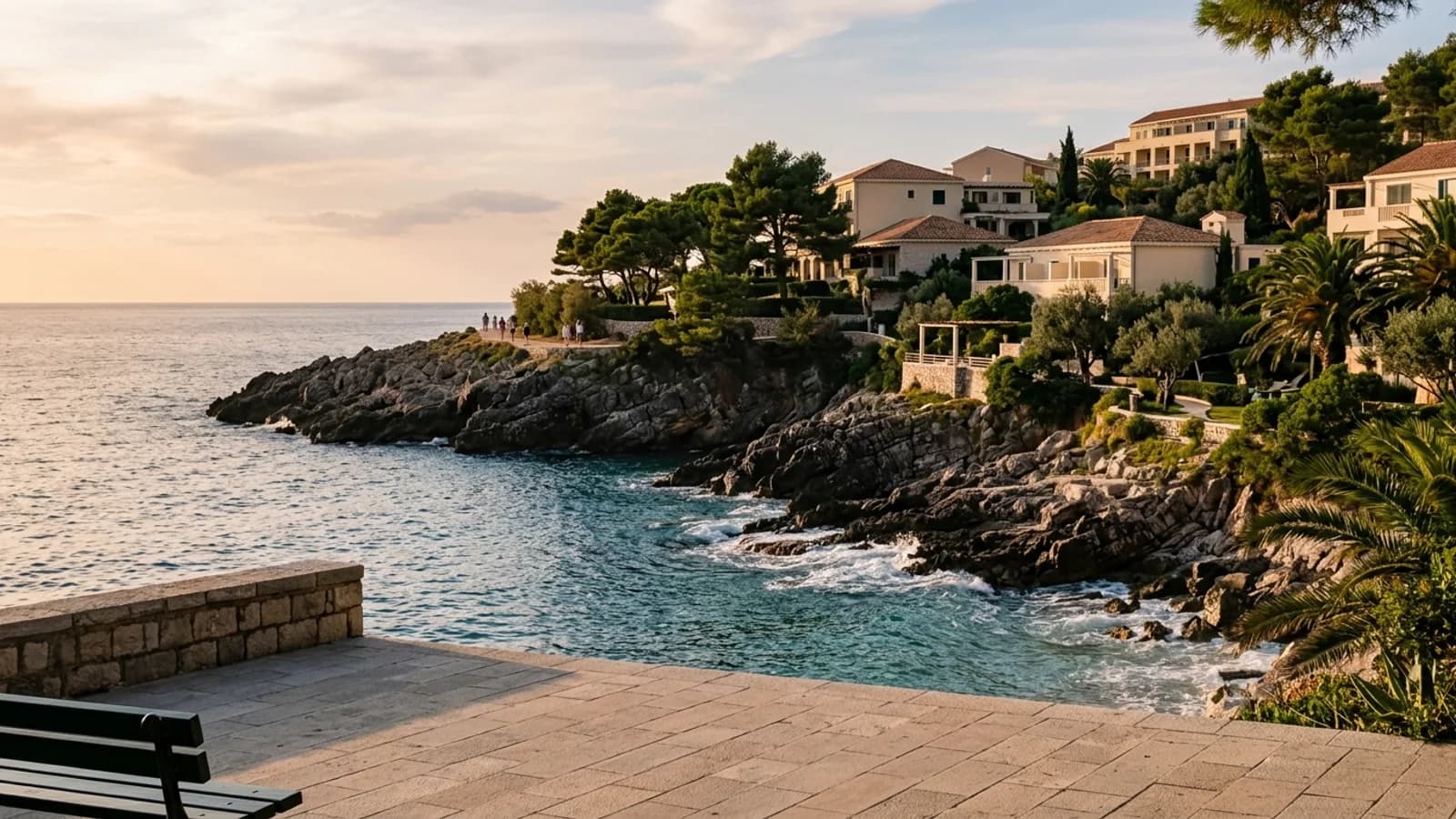Karaburun holiday transfer destination from Antalya. Dark rocks at Karaburun reach into the sea with hotels above and white waves breaking below.