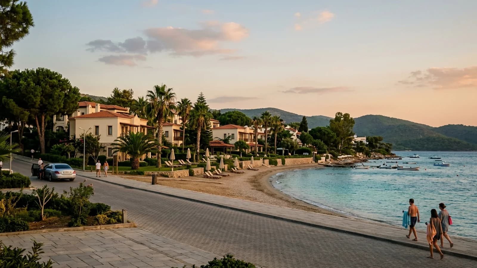 The resort coast of Türkler Resort hotels in Türkler between the coastal road and a narrow sandy beach, backed by green hills.