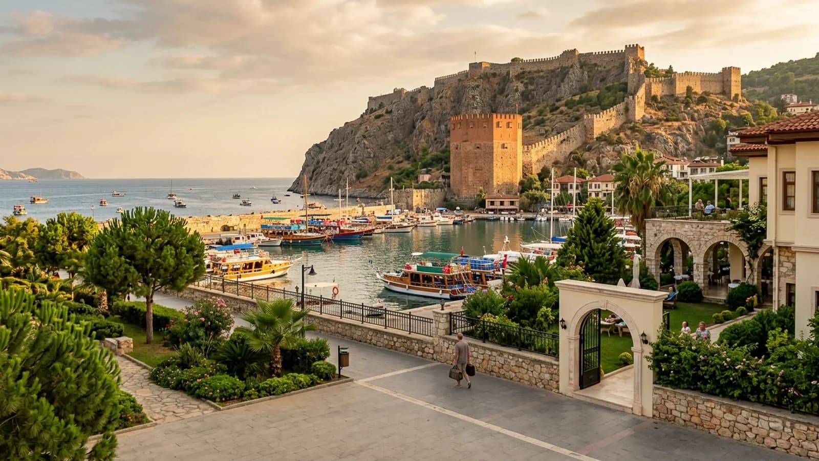Haven en historisch kasteel van Alanya Haven van Alanya met de rode achthoekige toren, kasteelmuren op het schiereiland en kleurrijke excursieboten.
