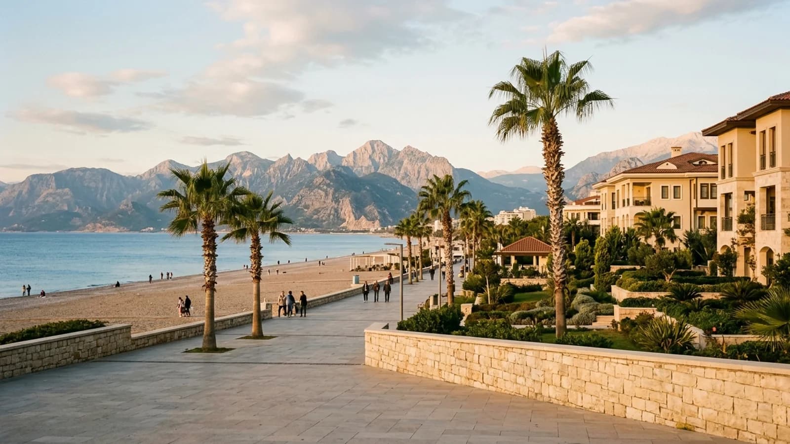 Kestel beach and resort apartments. Sandy beach at Kestel with a promenade, palms, hotels, apartments and the Taurus mountains rising inland.