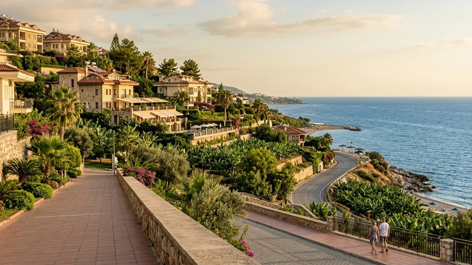 Urlaubsort Kargıcak an der Küste Wohngebäude, Hotels und Bananenterrassen am Hang von Kargıcak über dem tiefblauen Meer an der Küstenstraße.