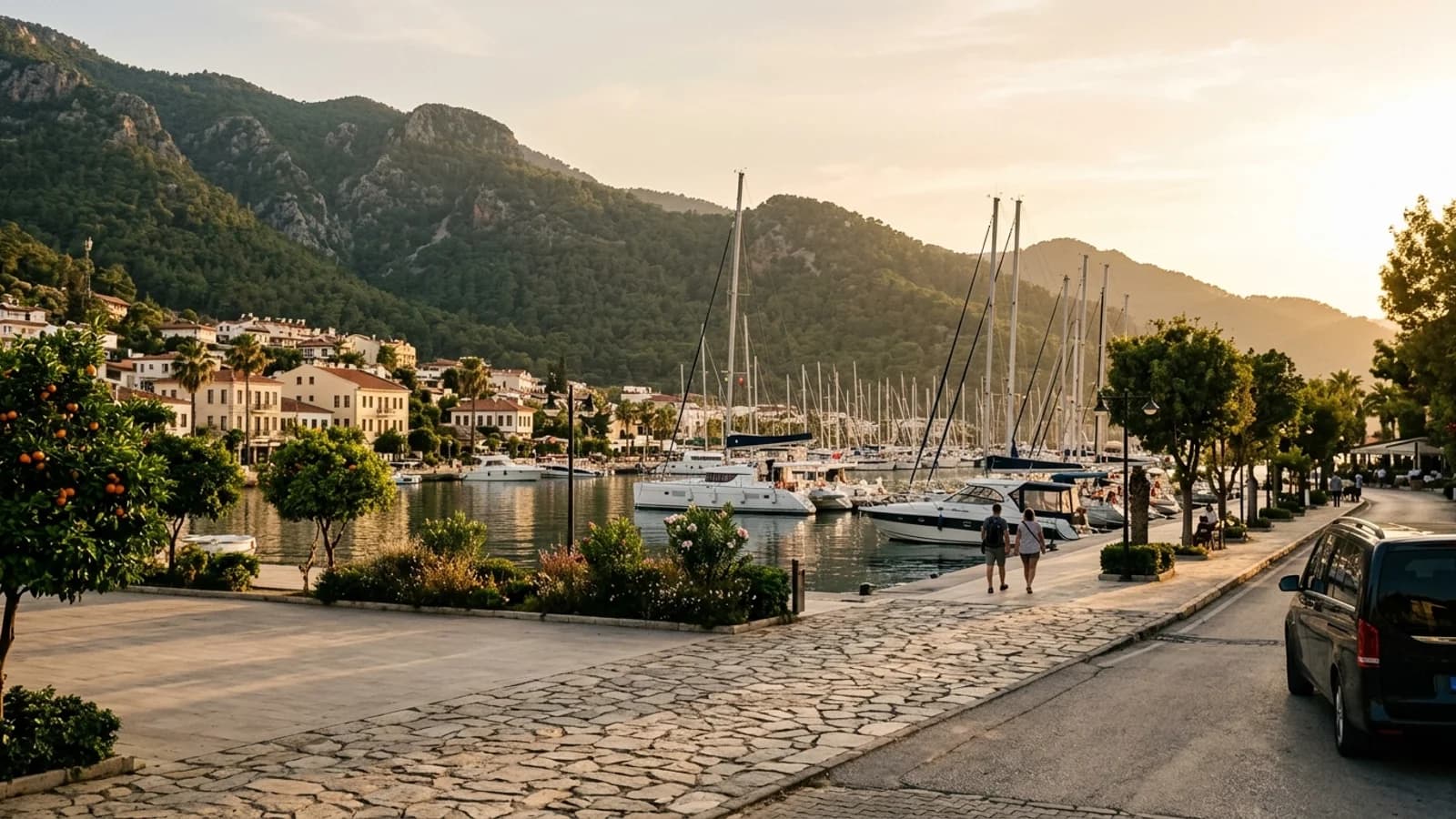 Der malerische Jachthafen von Finike Yachten im Jachthafen von Finike mit Orangenbäumen am Kai und bewaldeten Bergen im Hintergrund.