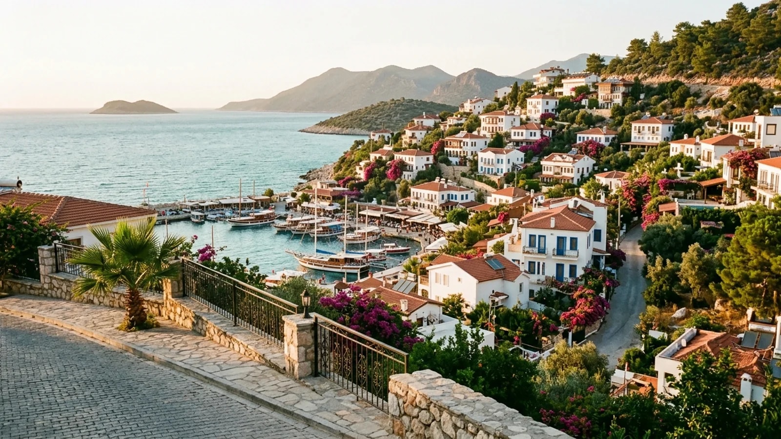 Scenic village of Kalkan near Antalya White houses with blue shutters on Kalkan's steep slope overlooking the small harbour and turquoise water.