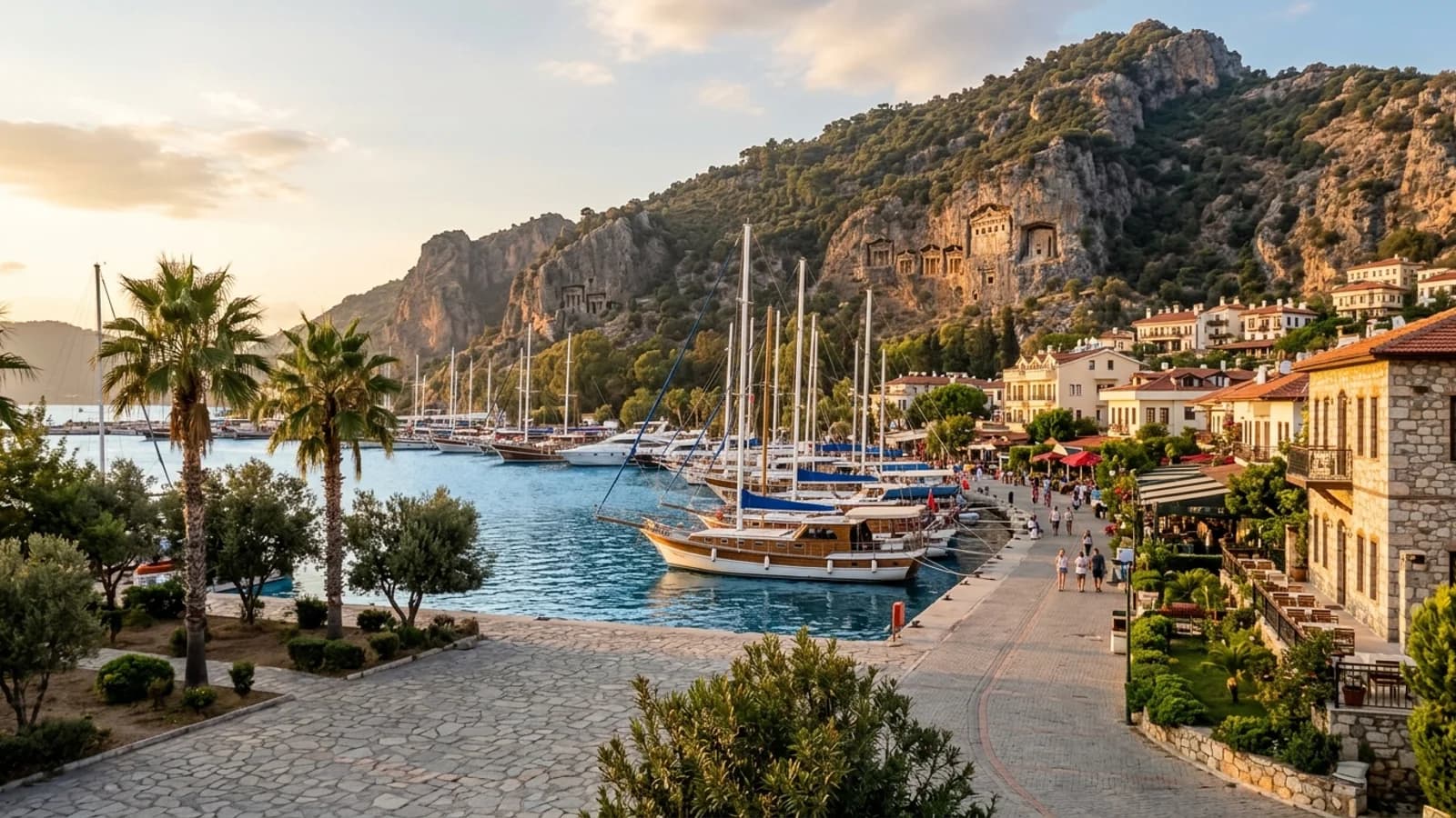 Fethiye harbour and ancient rock tombs Yachts and wooden gulets moored in Fethiye harbour below ancient rock tombs carved into the cliff.