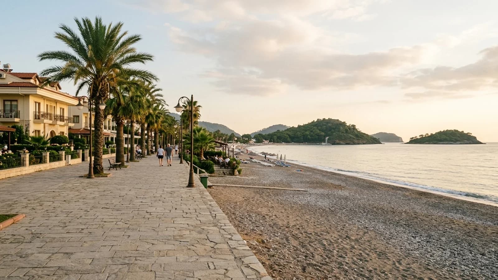 Çalış Beach holiday destination near Fethiye The long beach at Çalış near Fethiye features a palm-lined promenade, cafés, and distant green islands.