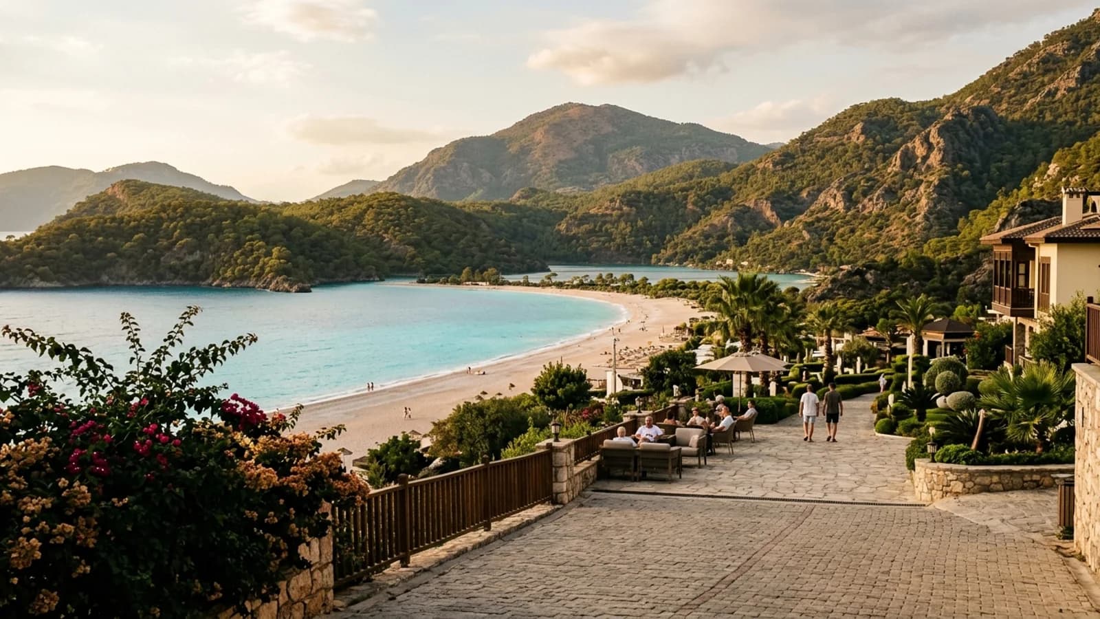 Turquoise lagoon at Ölüdeniz The turquoise lagoon of Ölüdeniz with pale sand, surrounded by pine-covered hills and a high mountain.