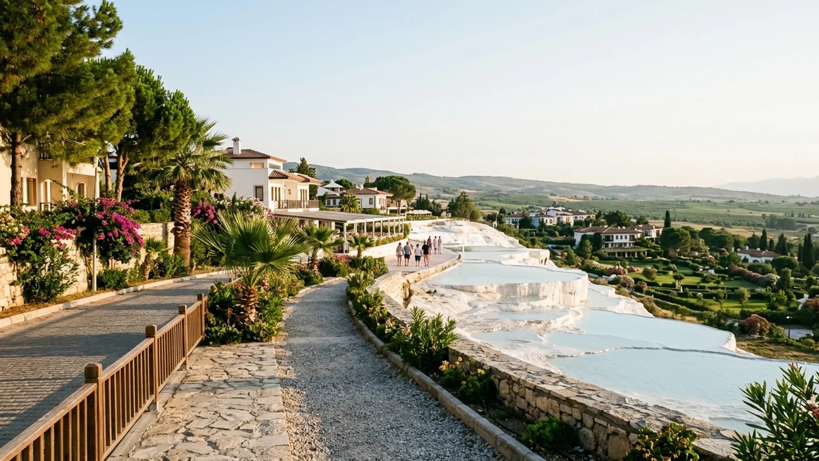 Terrasses thermales de Pamukkale Terrasses de travertin blanc de Pamukkale remplies d'eau thermale bleu clair sous un soleil éclatant.